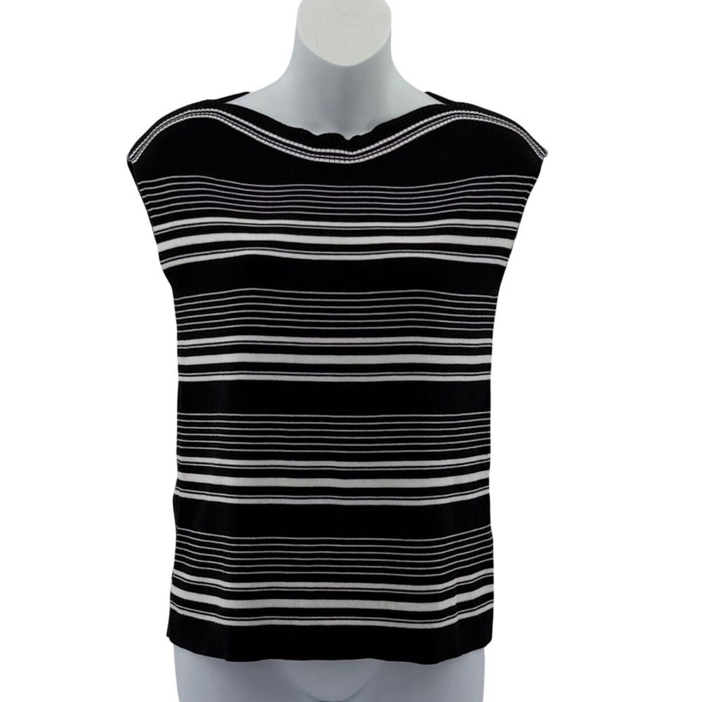 Talbots Petite XS Cotton Blend Striped Sleeveless Knit Shell Top Black White P